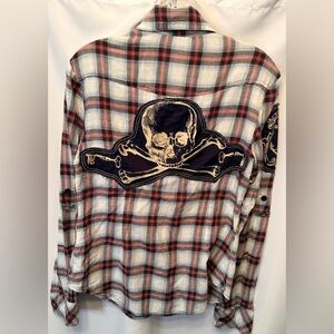 Primevil Women’s Size XS Red Black White Button Up Flannel Embroidered Skull